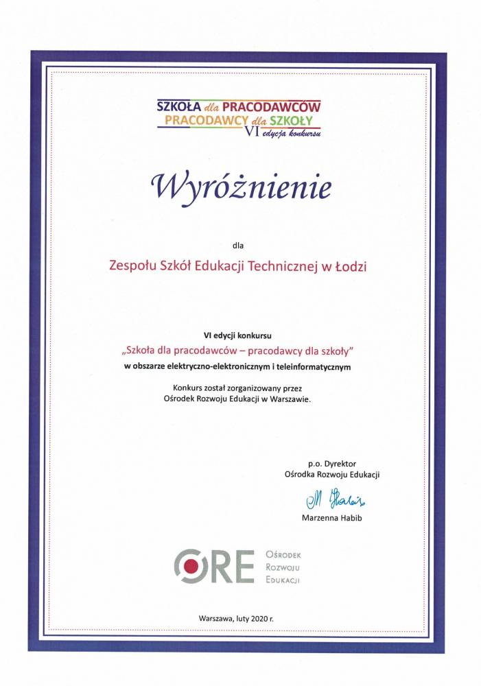 WYRÓŻNIENIE W KONKURSIE „SZKOŁA DLA PRACODAWCÓW – PRACODAWCY DLA SZKOŁY”