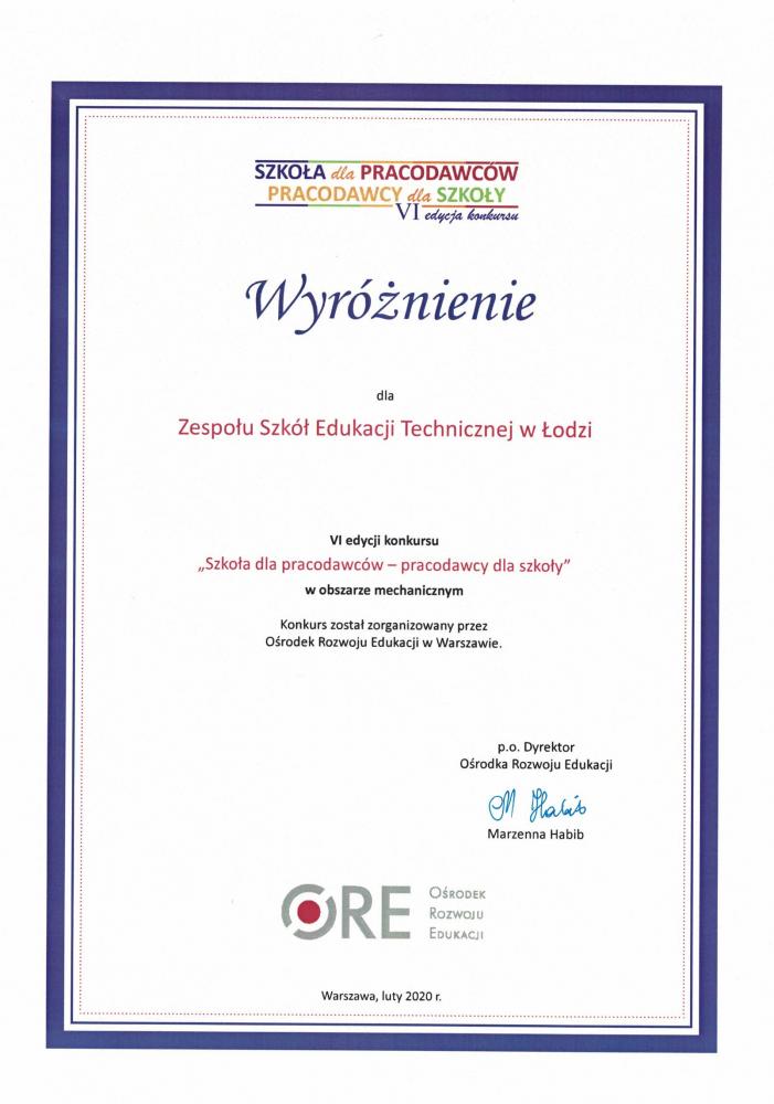 WYRÓŻNIENIE W KONKURSIE „SZKOŁA DLA PRACODAWCÓW – PRACODAWCY DLA SZKOŁY”