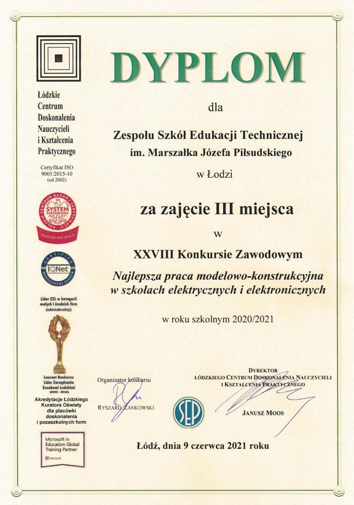 Najlepsza praca modelowo – konstrukcyjna w szkołach elektrycznych i elektronicznych