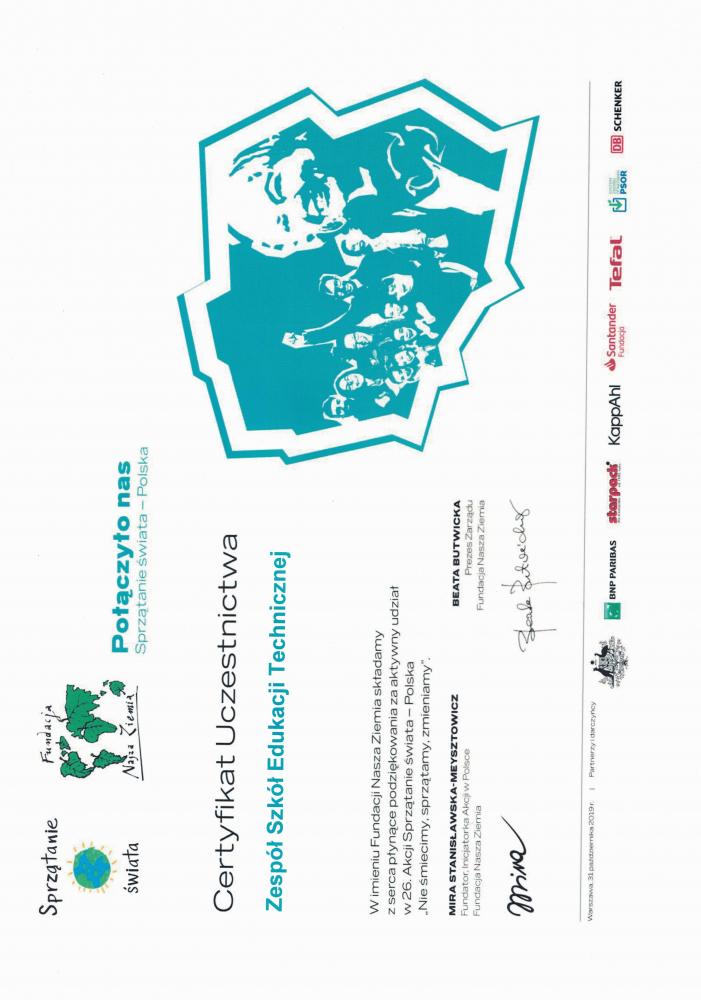 Certyfikat uczestnictwa: Sprzątanie Świata