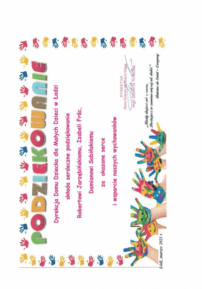 Podziękowanie Dyrekcji Domu Dziecka