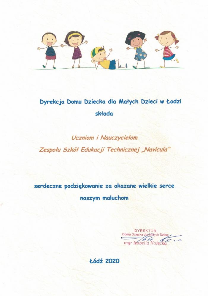 Podziękowanie Dyrekcji Domu Dziecka