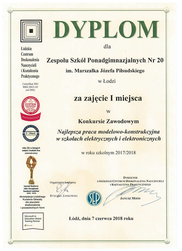 Dyplom: Zajęcie I miejsca w konkursie zawodowym