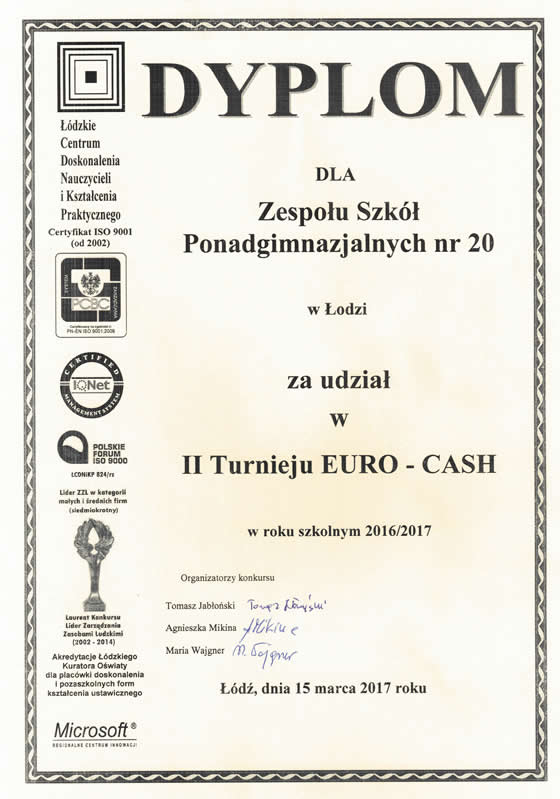Dyplom: udział w II turnieju Euro-Cash