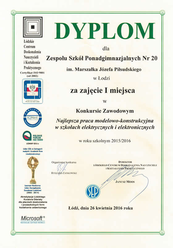 Dyplom: Zajęcie I miejsca w konkursie zawodowym