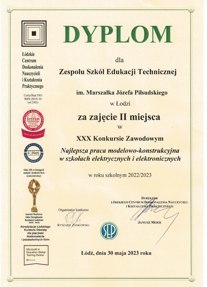 Najlepsza praca modelowo – konstrukcyjna w szkołach elektrycznych i elektronicznych